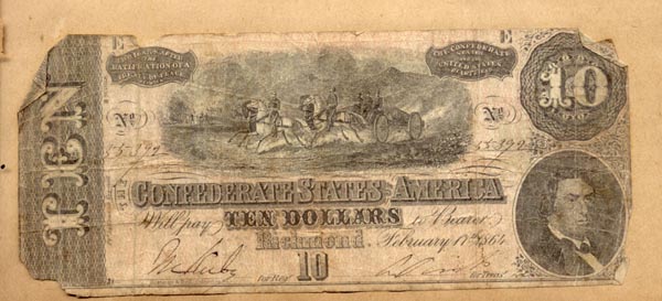 Confederate $10 bill from Grubb scrapbook